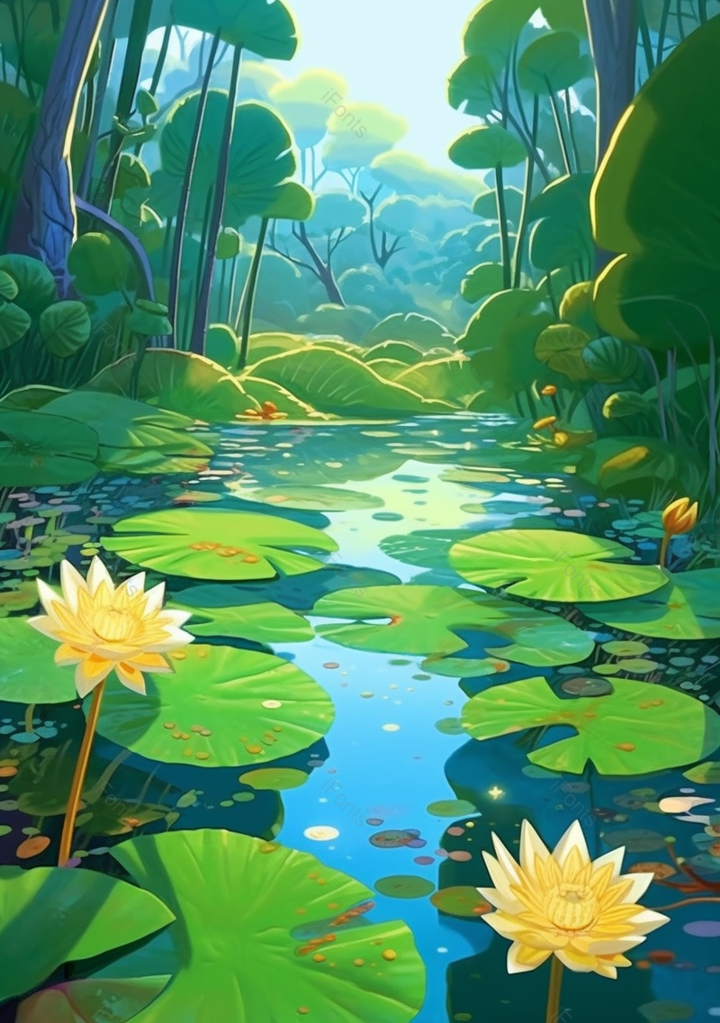 绿色大荷叶阳光下荷花塘里荷花盛开手绘插画,插画/手绘图,插画/手绘图库,插画/手绘图下载,插画/手绘